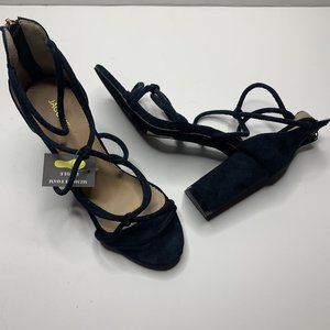 Jacobies Mireya-17 Black Faux Suede Ankle Strap Block Heel Sandals